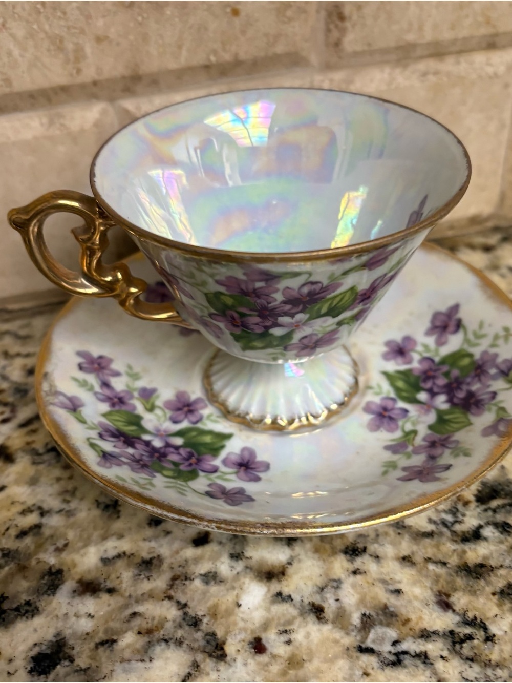 Iridescent White and Purple Floral Teacup with Saucer